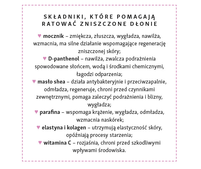 Prezentacja pokazująca jakie składniki regenerują skórę dłoni