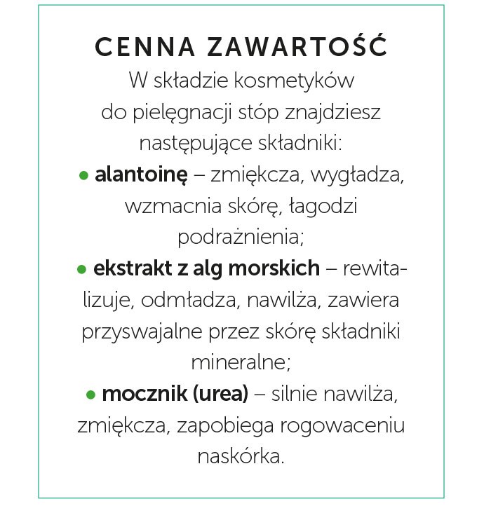 Grafika prezentuje ważne składniki dla zdrowia skóry stóp