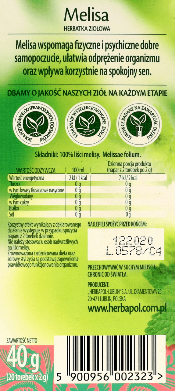 Herbapol Herbata Ziołowa Melisa 20x2g Drogeria Rossmannpl 2493