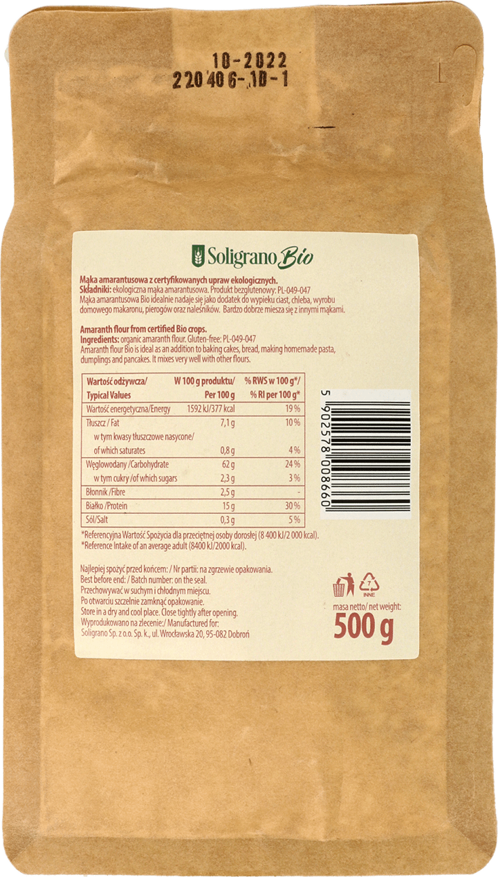 SOLIGRANO, BIO, mąka amarantusowa, bezglutenowa, 400 g Drogeria